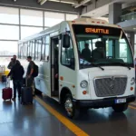 Airport hotel shuttle bus picking up passengers at the terminal