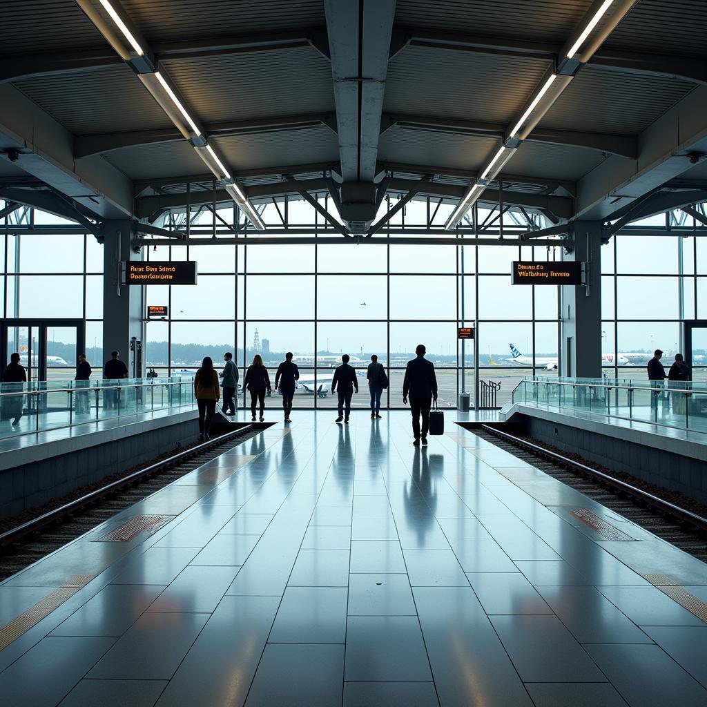 Overview of a modern airport line station with clear signage and accessible platforms