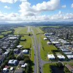 Aerial view of Airport Oaks, Auckland, showing its proximity to the airport and major transport links.