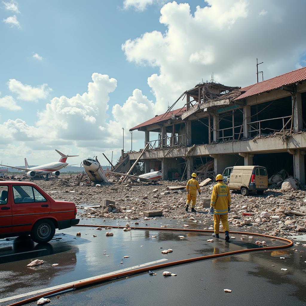 Image of the aftermath of an airport roof collapse, showing debris and damage