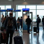 Passengers queuing at airport security checkpoint with luggage