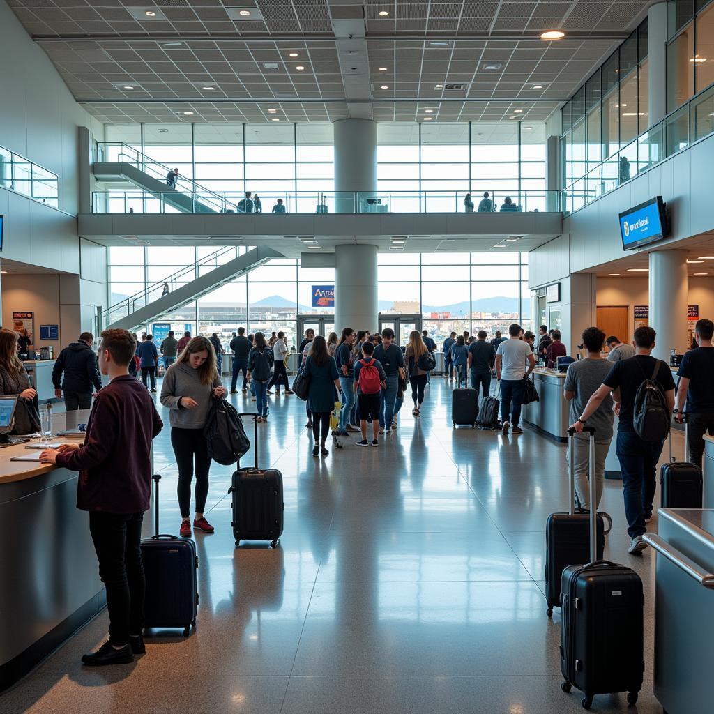 Interior view of a busy airport terminal with passengers checking in, waiting at gates, and moving through the concourse.