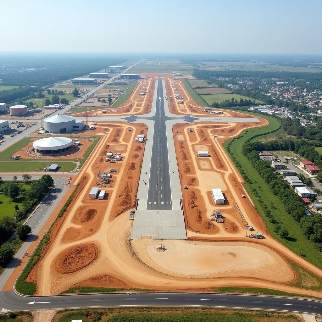 Amravati Airport: An aerial view of the airport under construction, showcasing the runway, terminal building, and surrounding infrastructure.