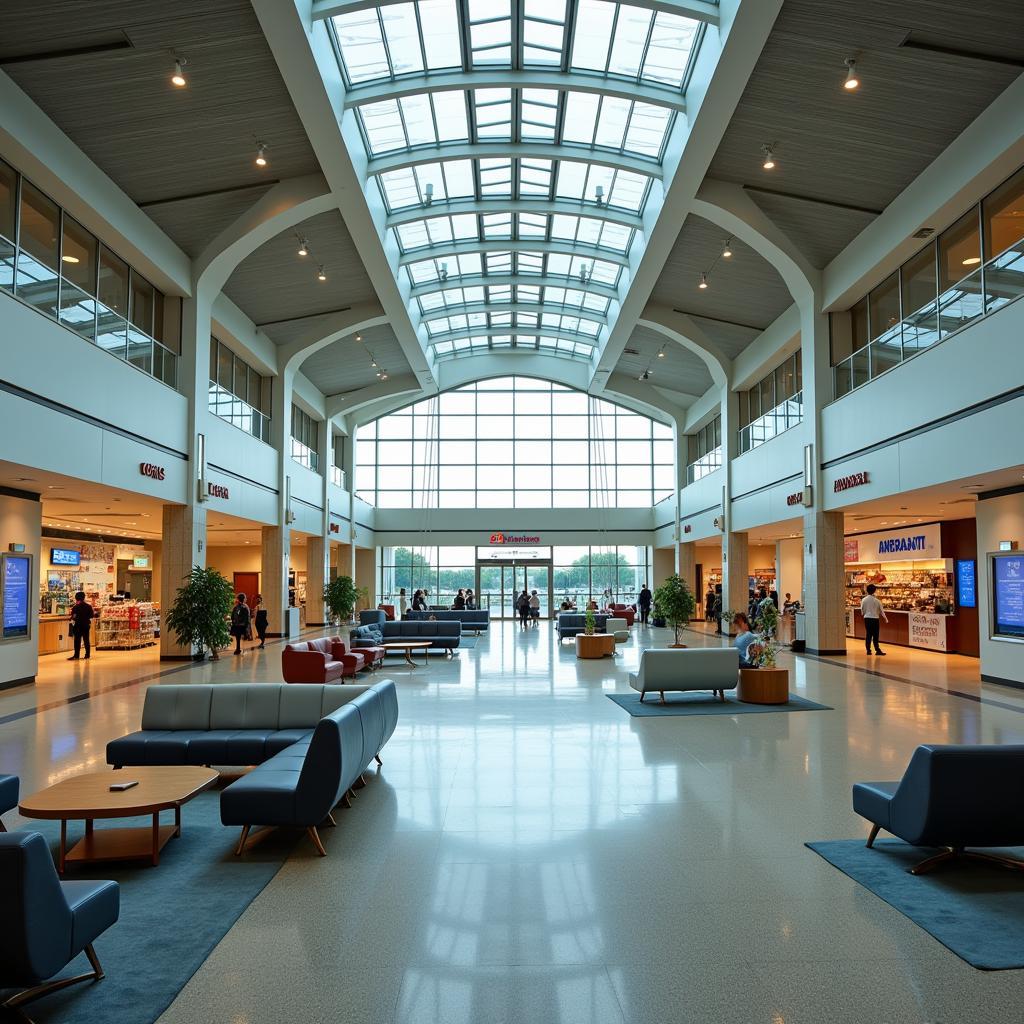 Modern and spacious interior of the Amravati Airport terminal, featuring comfortable seating areas, information kiosks, and retail outlets.