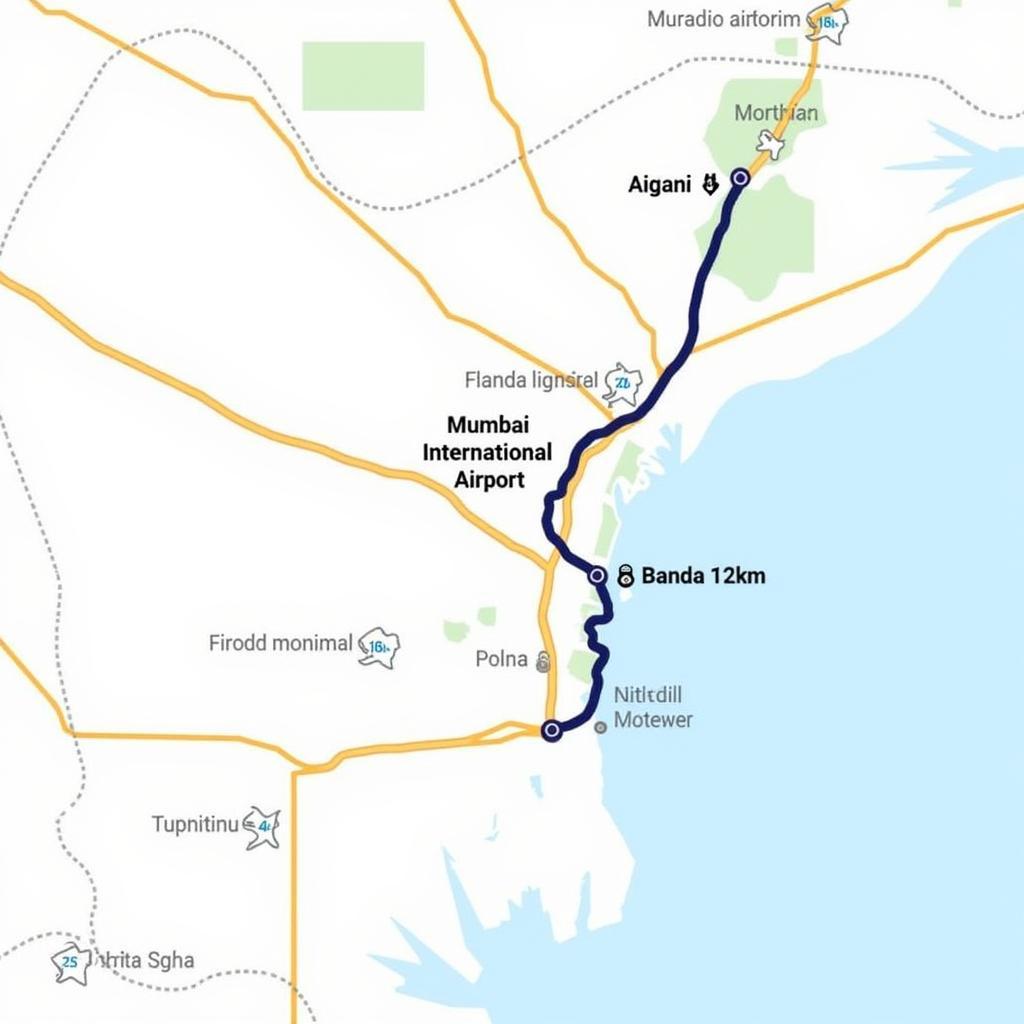 Map showing route from Bandra Terminus to Mumbai International Airport