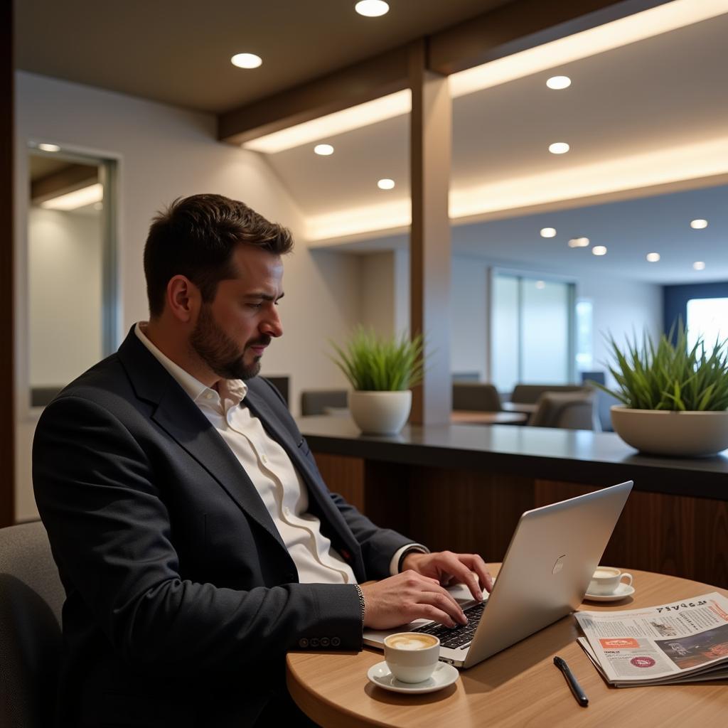 Business traveler working in an HDFC airport lounge