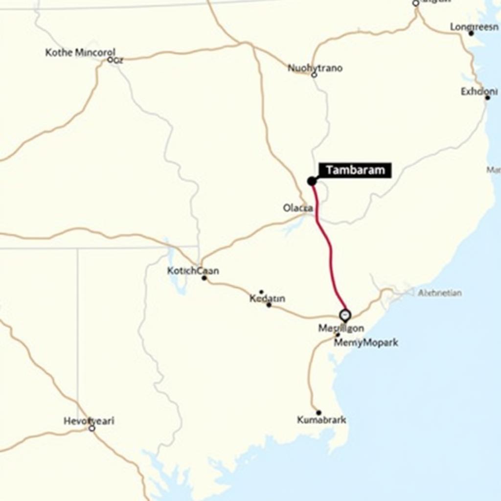 Map showing the route from Chennai Airport to Tambaram