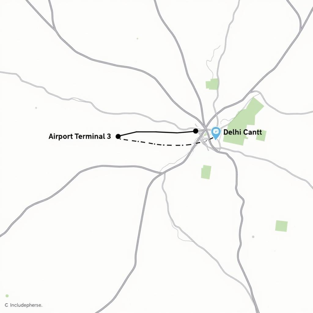 Map of Delhi Cantt to Airport Terminal 3