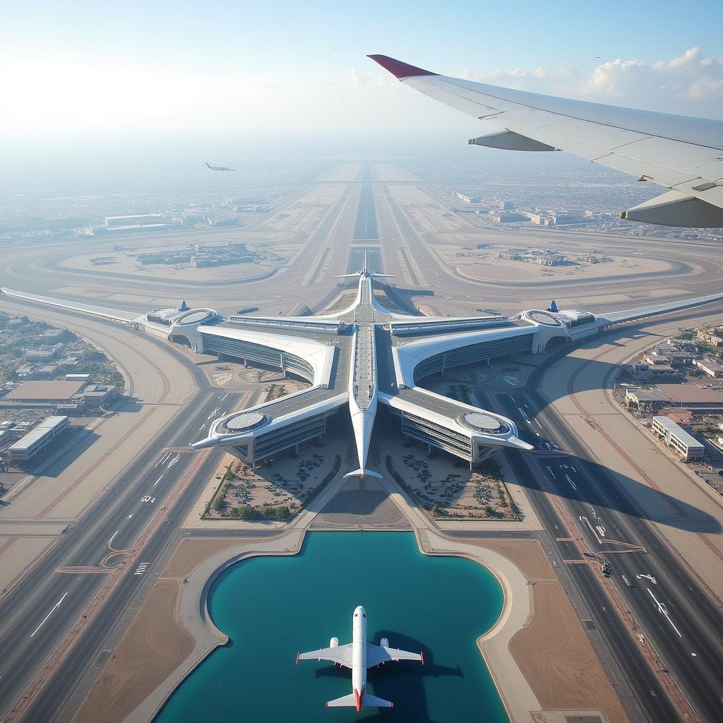 Aerial view of Dubai International Airport showcasing its vast expanse and modern architecture