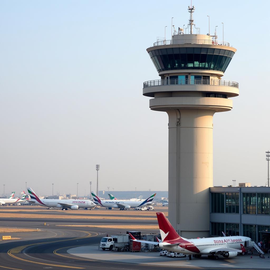 Air traffic control tower at Dubai International Airport overseeing the busy air traffic.