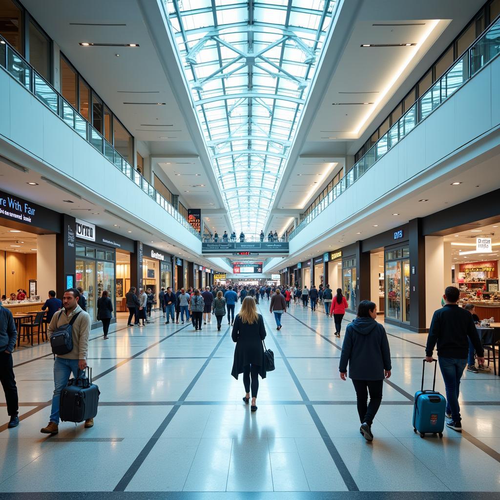 Inside a terminal at Dubai International Airport showing its modern design and amenities.