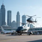 Helicopter landing at an airport in a busy city