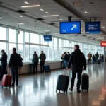 Passengers retrieving luggage at Helsinki Airport baggage claim