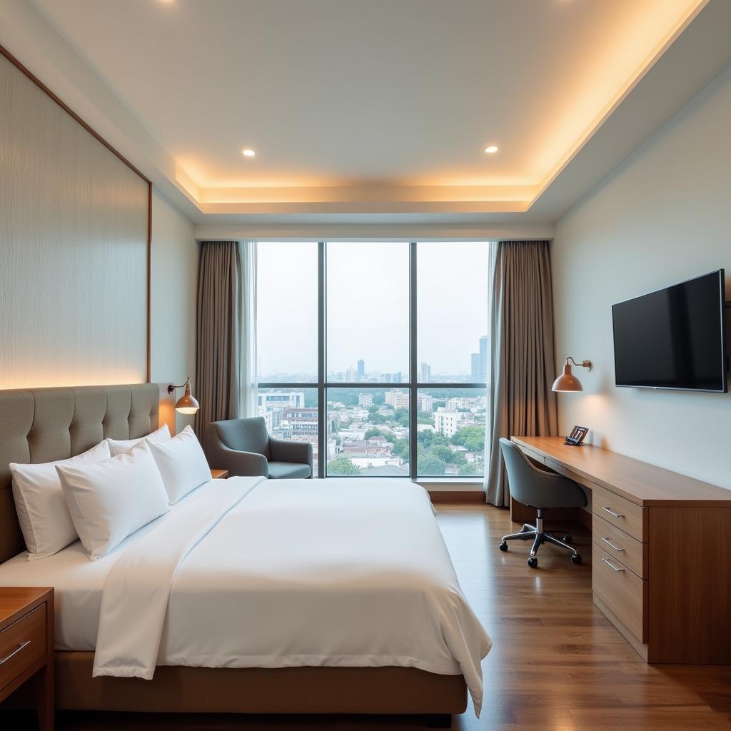 Spacious and well-appointed room in a ho chi minh city airport hotel with comfortable bedding and modern amenities.