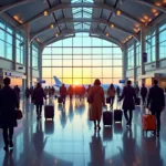 Busy international airport terminal with diverse travelers