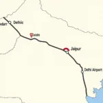 Map showing the route from Jaipur to Delhi Airport