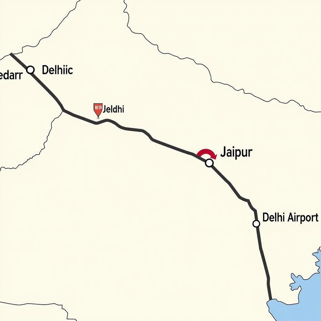 Map showing the route from Jaipur to Delhi Airport