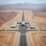 Kandahar International Airport aerial view showing the runway, terminal building, and surrounding landscape