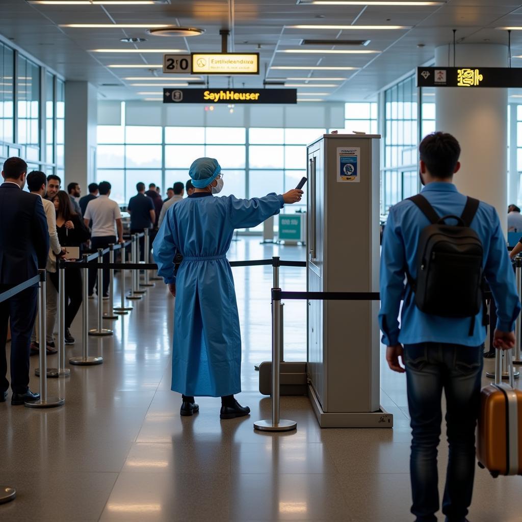 Security checkpoint at Kolkata Airport with Covid-19 measures