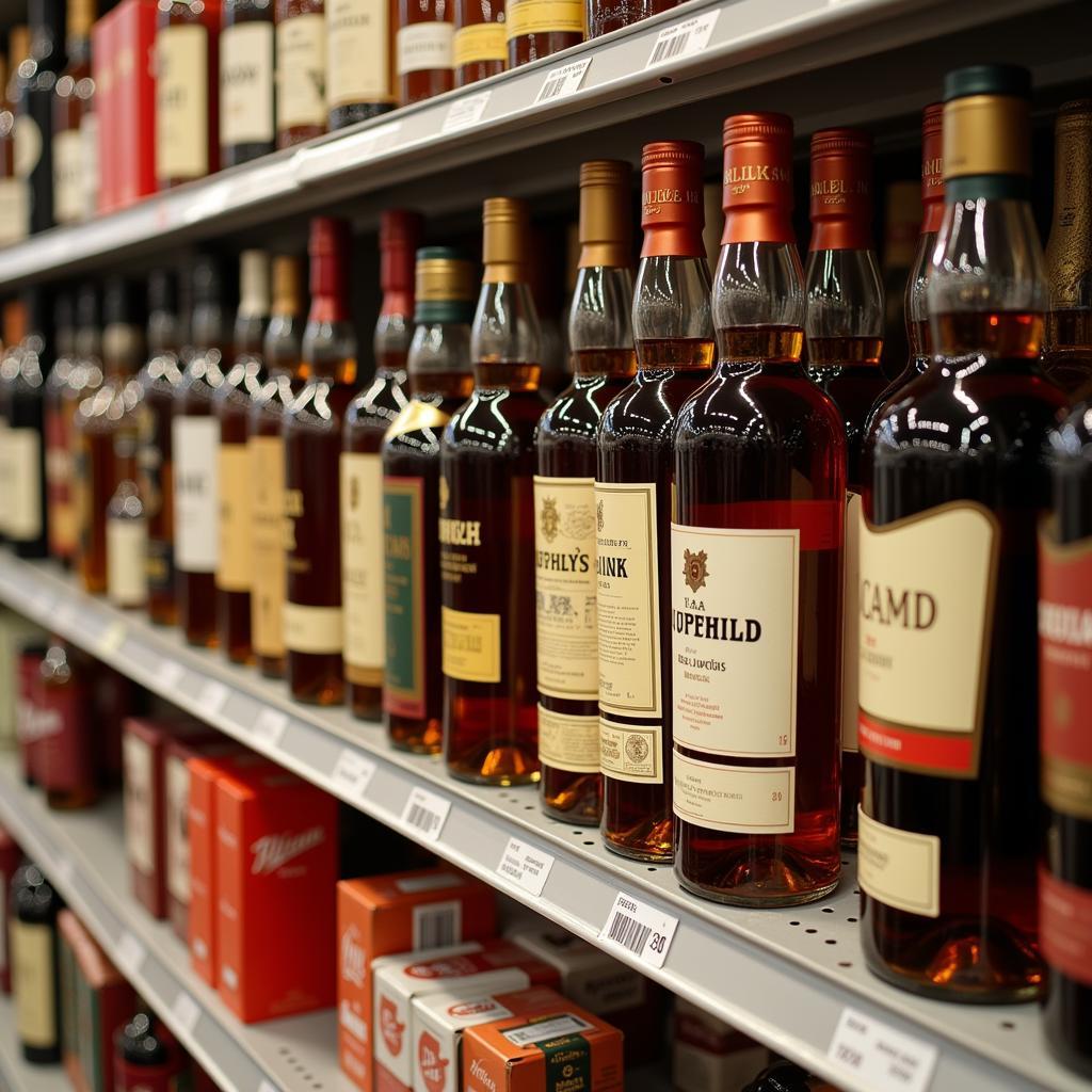 A display of liquor and tobacco products in the duty-free area at Kuala Lumpur International Airport.