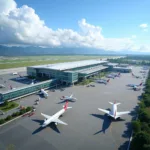 Kuala Lumpur International Airport's main terminal building, showcasing its modern architecture and bustling atmosphere.