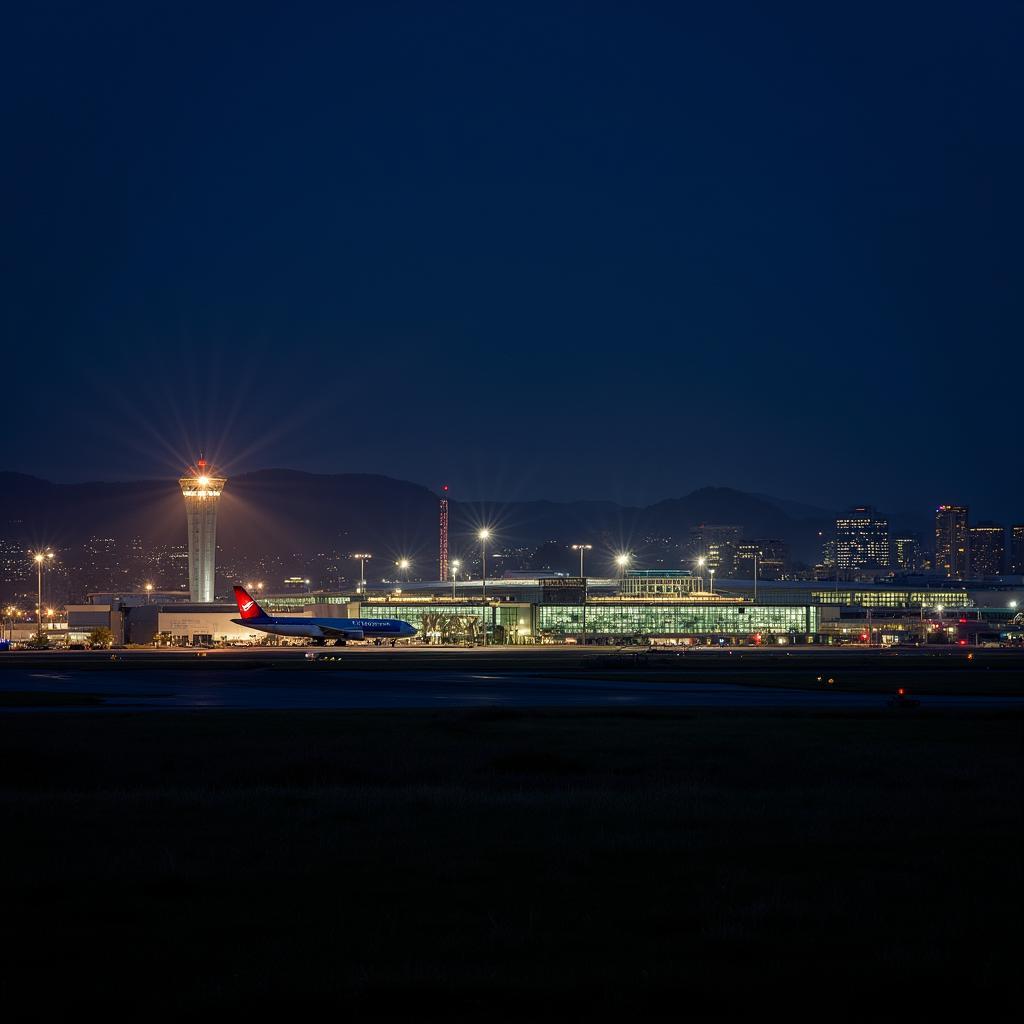 Exterior view of London Gatwick Airport at night, illuminated with lights.