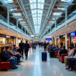 Interior view of LGW airport terminal showcasing passenger amenities like shops, restaurants, and waiting areas.