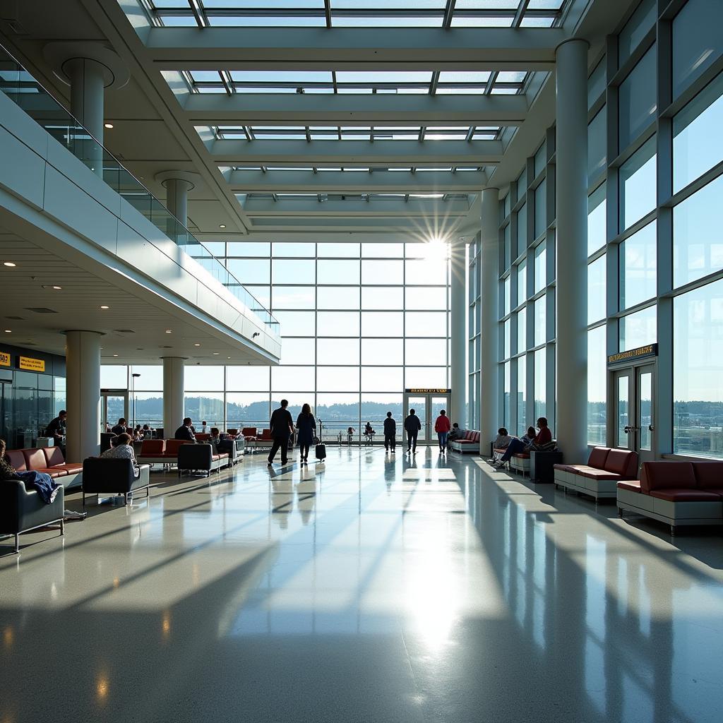 Modern and spacious interior of Manchester Airport terminal