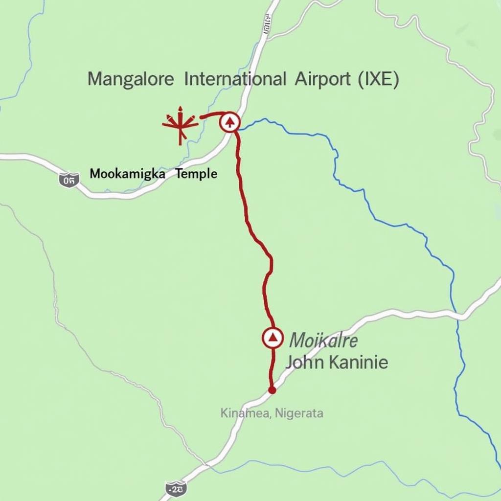 Map showing Mangalore Airport and Mookambika Temple