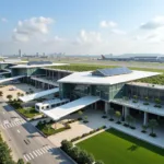 Construction of a new airport in India, featuring modern architecture and sustainable design.