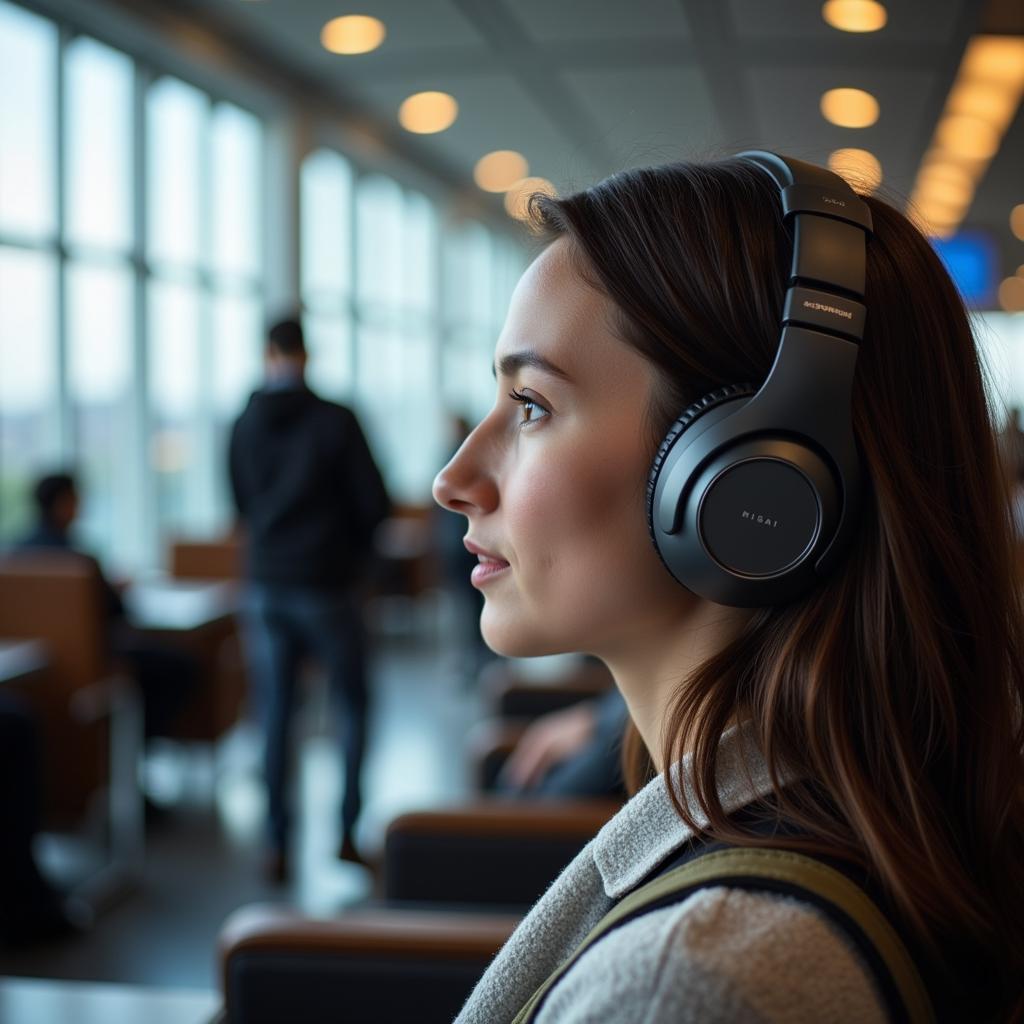 Noise-Cancelling Headphones in Airport Lounge