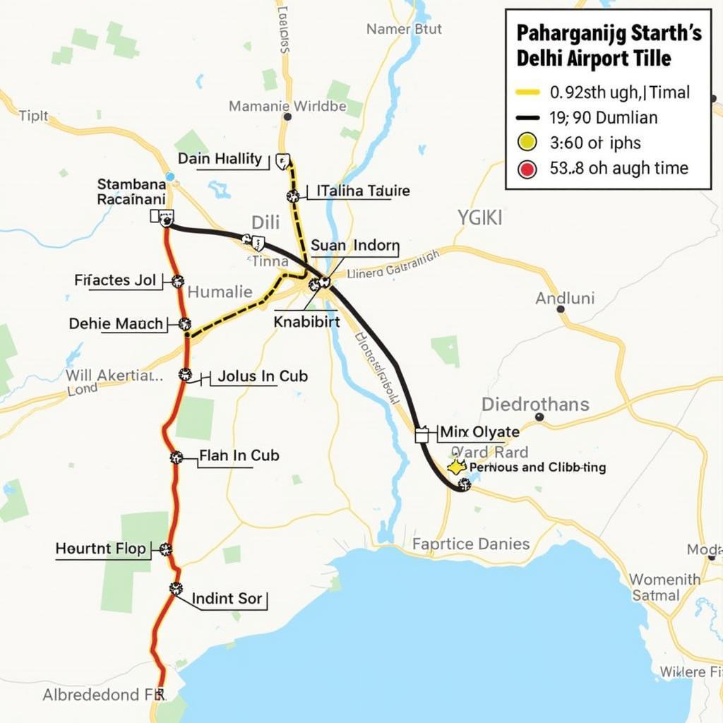 Map showing route from Paharganj to Delhi Airport