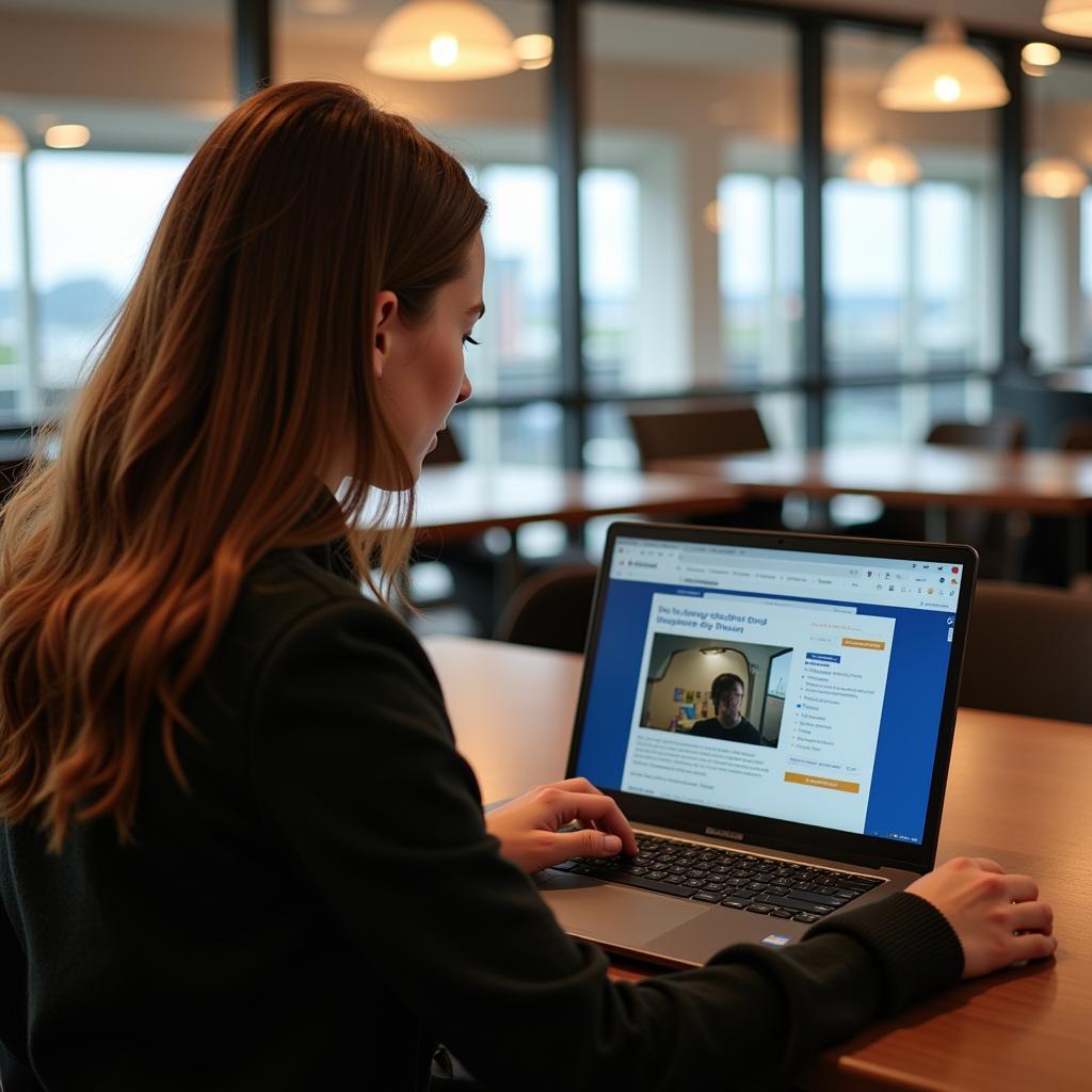 Passenger using a laptop to book a sleeping pod online