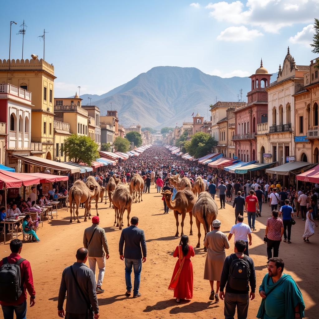 Panoramic view of Pushkar city, potentially featuring the famous camel fair