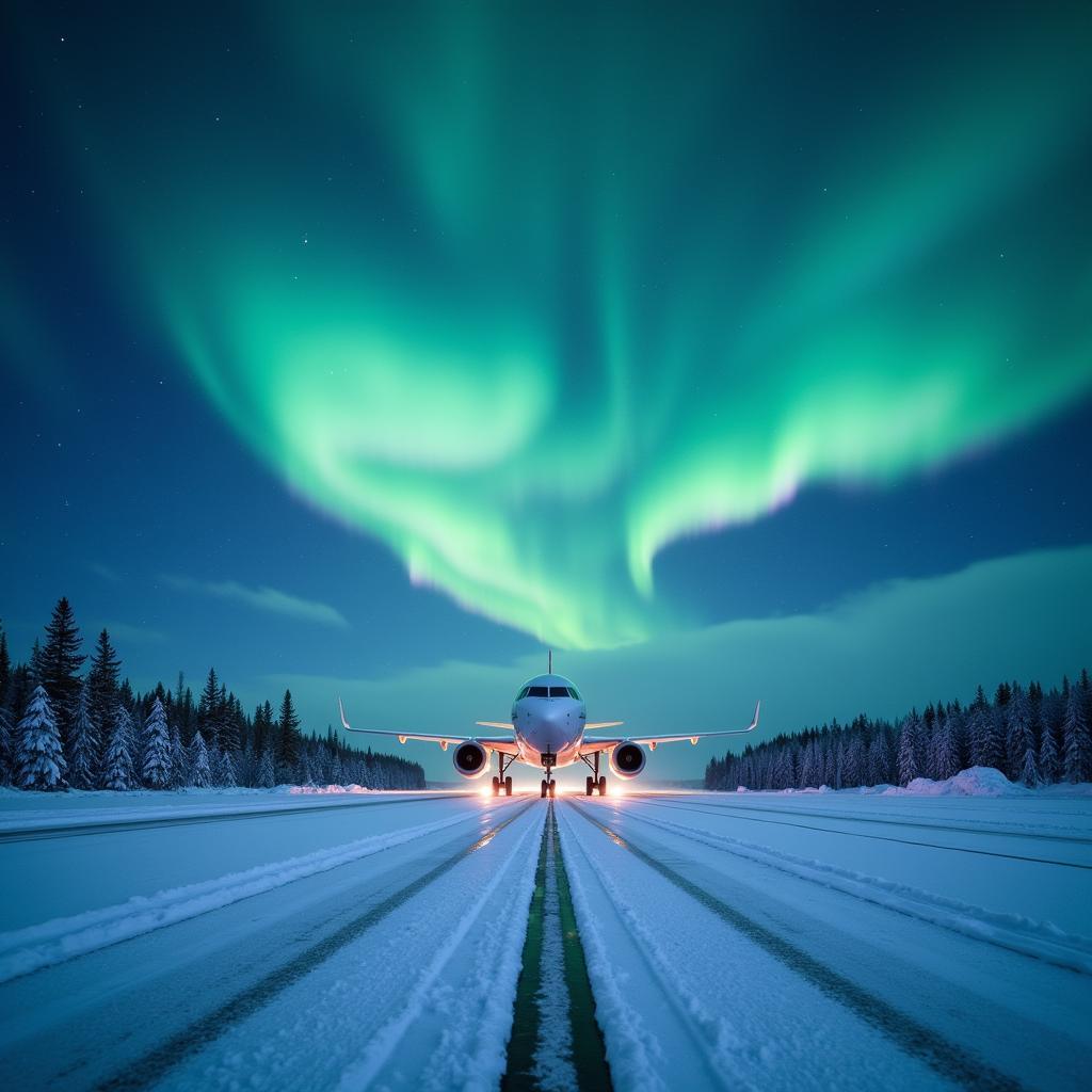 Rovaniemi Airport runway during winter with airplane taking off