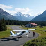 Small Alaskan airport with a gravel runway and a light aircraft parked.