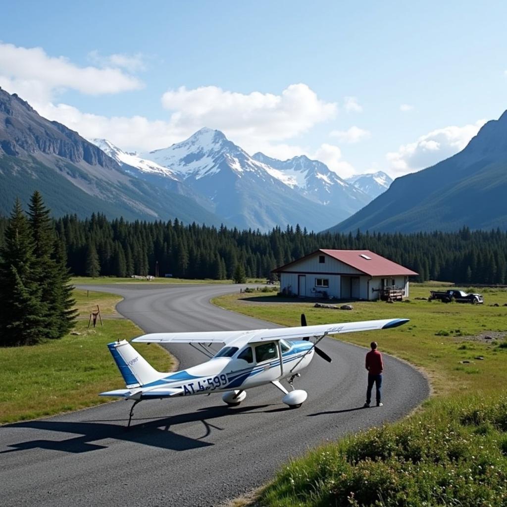 Small Alaskan airport with a gravel runway and a light aircraft parked.