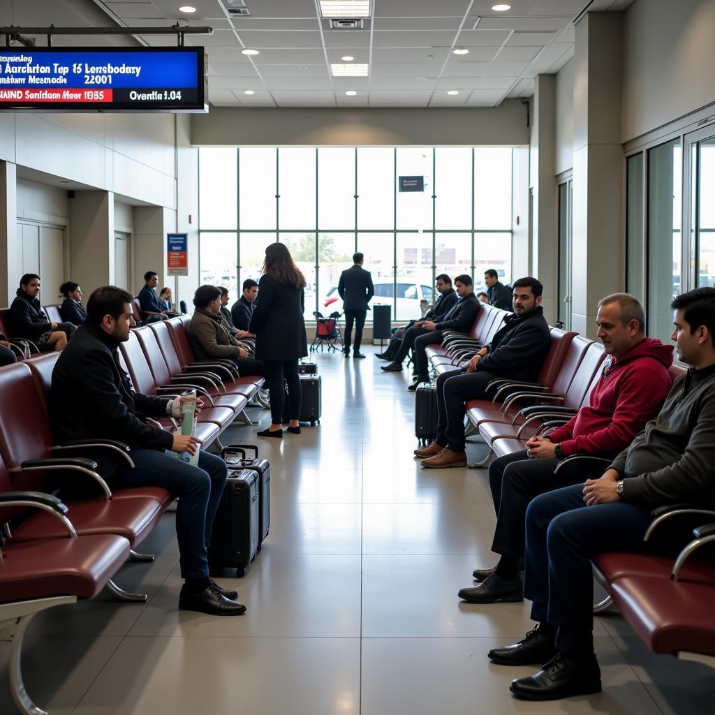 Passengers waiting in the departure lounge at Srinagar Airport, maintaining social distance.