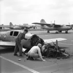 Investigators examining the scene of the 1950 Tokyo Airport incident.