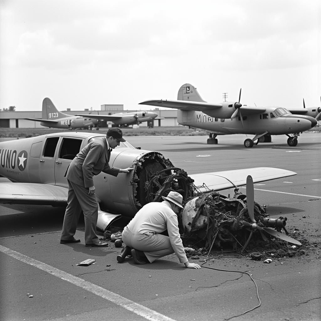 Investigators examining the scene of the 1950 Tokyo Airport incident.