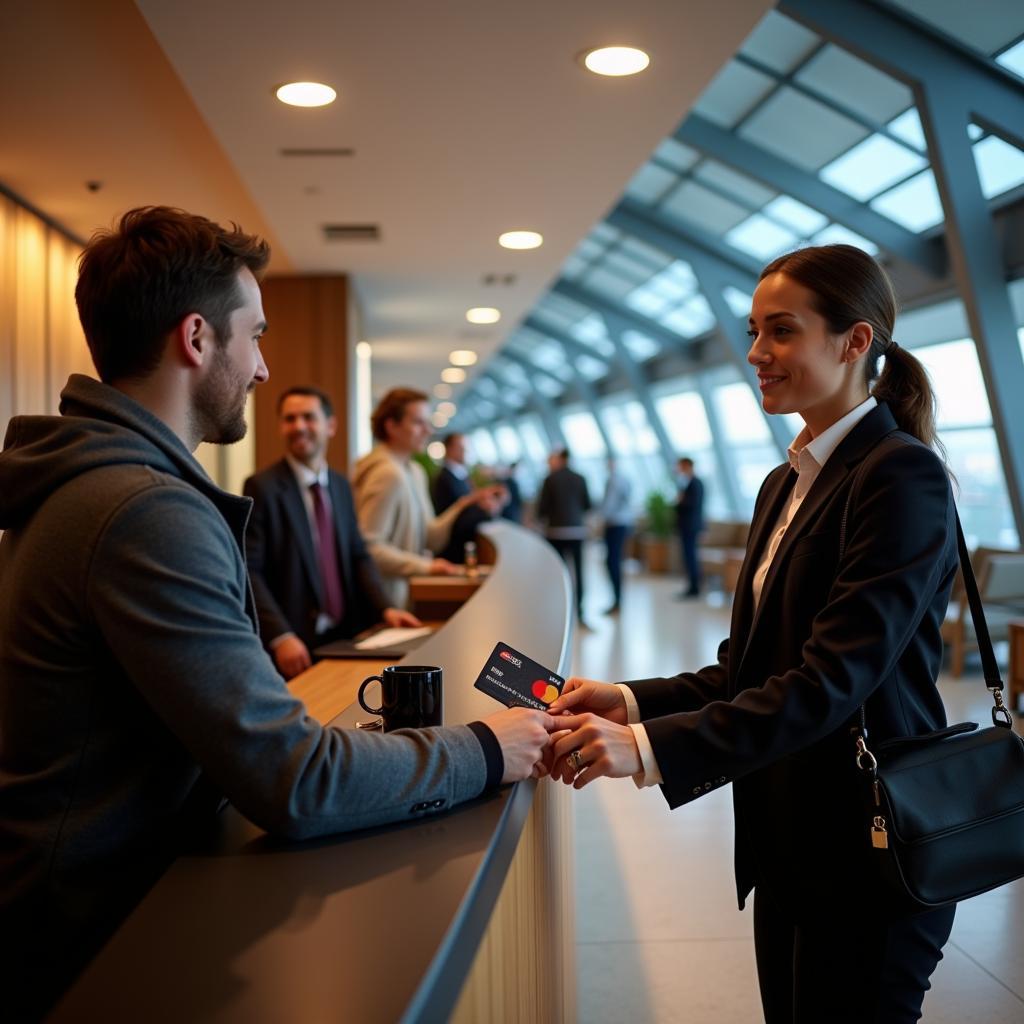 Traveler presenting their Mastercard for lounge access at Abu Dhabi Airport