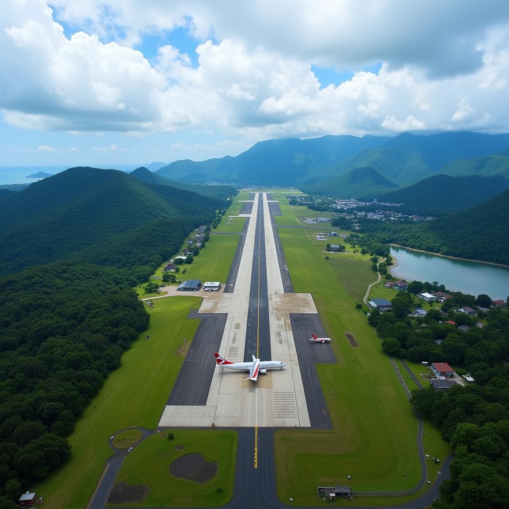 Utapao Airport Runway: An aerial view of U-Tapao International Airport, showing the runway, parked aircraft, and the surrounding landscape.